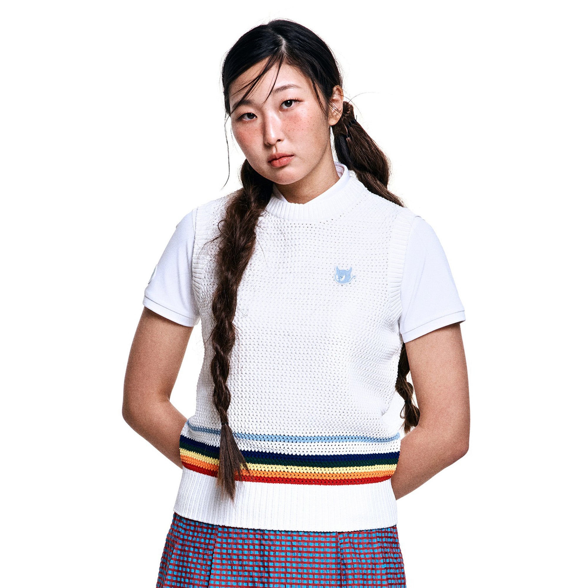 WOMEN メッシュクルーネックニットベスト ホワイト