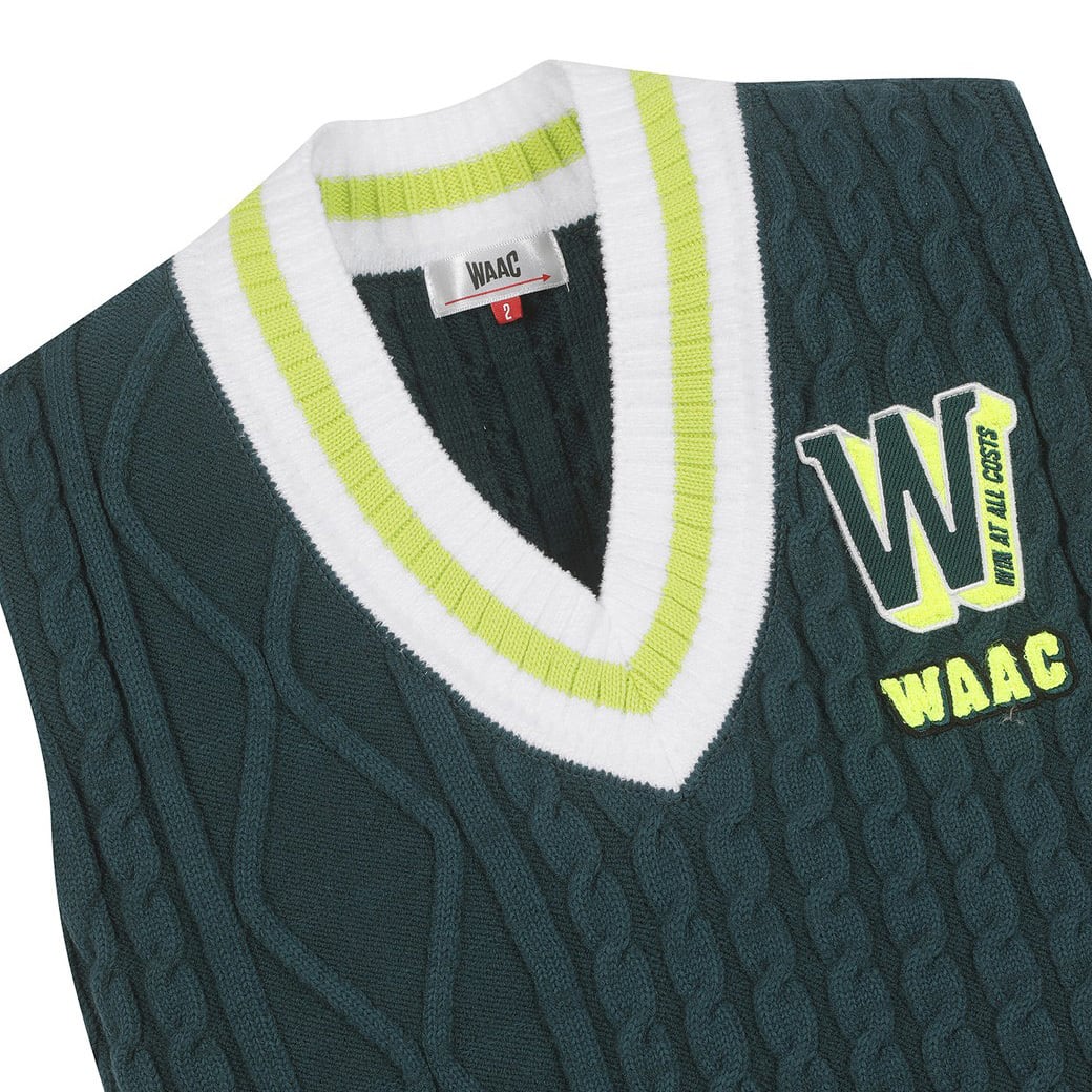 WOMEN Vネック ケーブルニットベスト モスグリーン