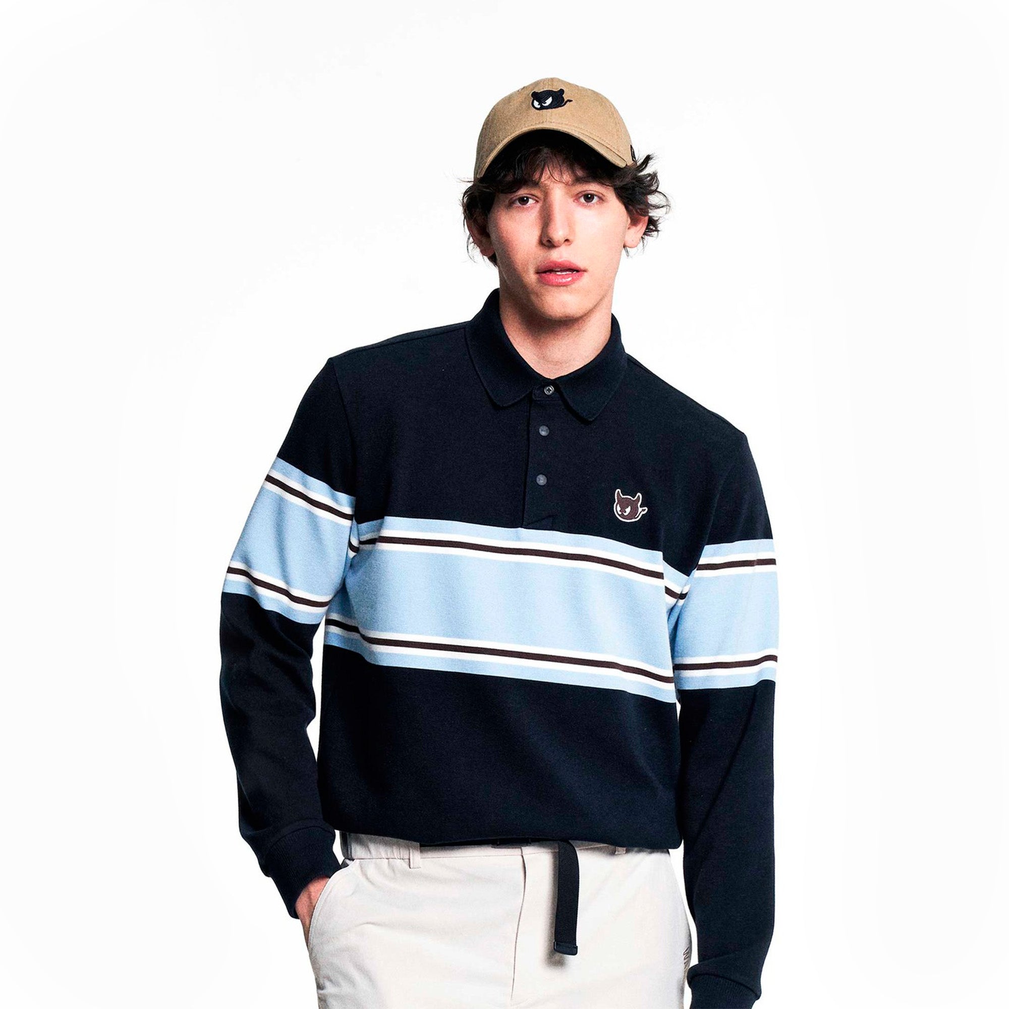 MEN カラーブロックスウェットポロシャツ ネイビー