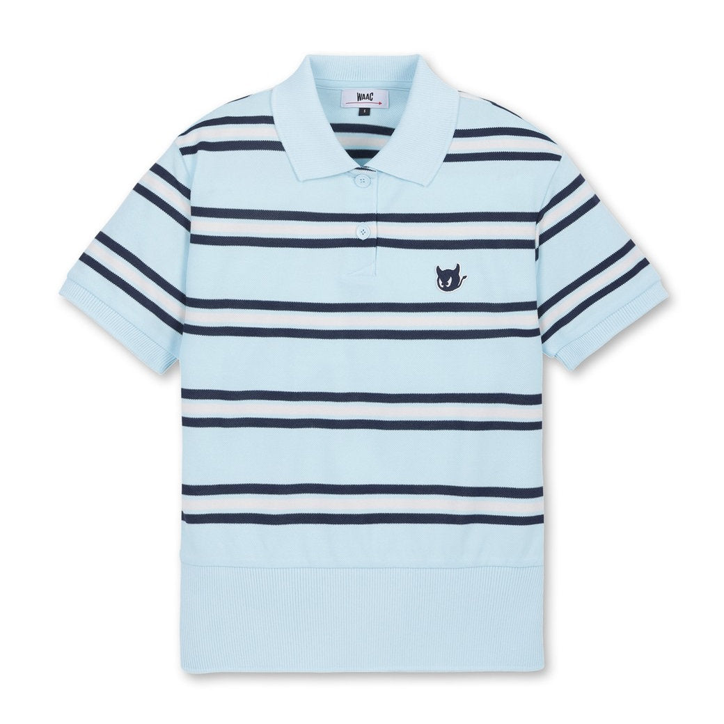 WOMEN ルーズフィットボーダーポロシャツ ライトブルー