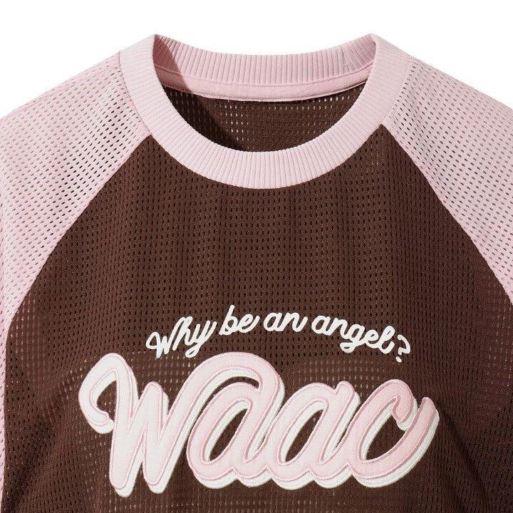 WOMEN メッシュラグランスリーブTシャツ ブラウン