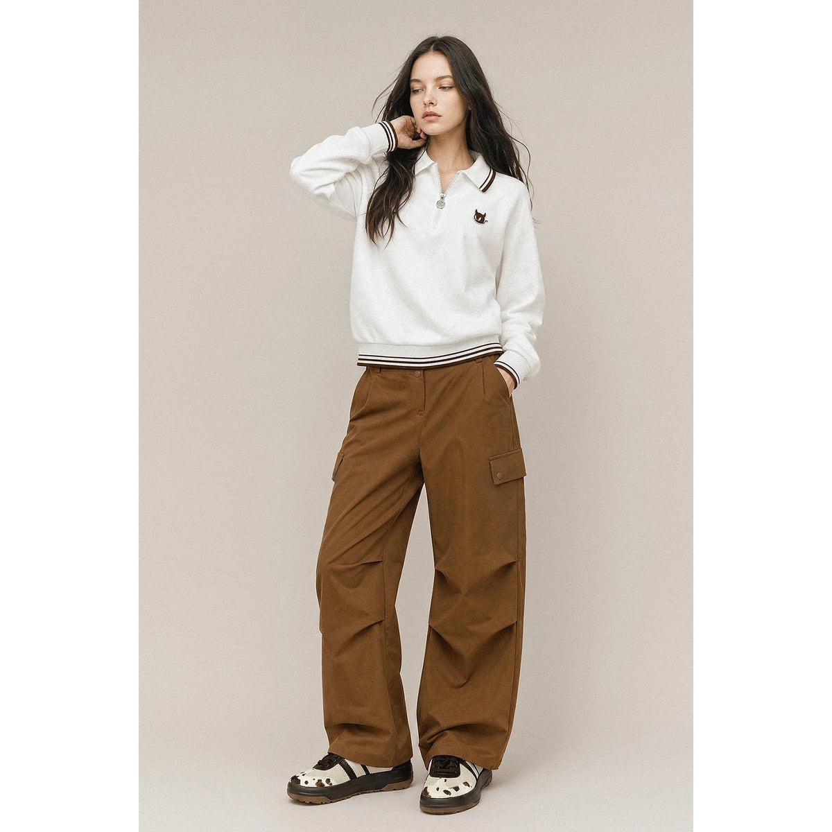 WOMEN ストレッチワイドパンツ ブラウン