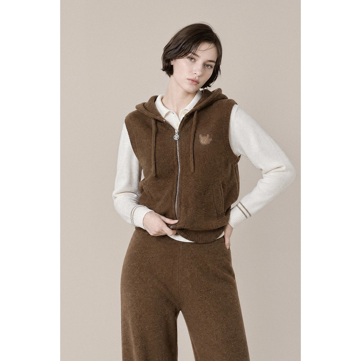 WOMEN SPACE WAACKY インターシャ ニットベストフーディー ベージュ