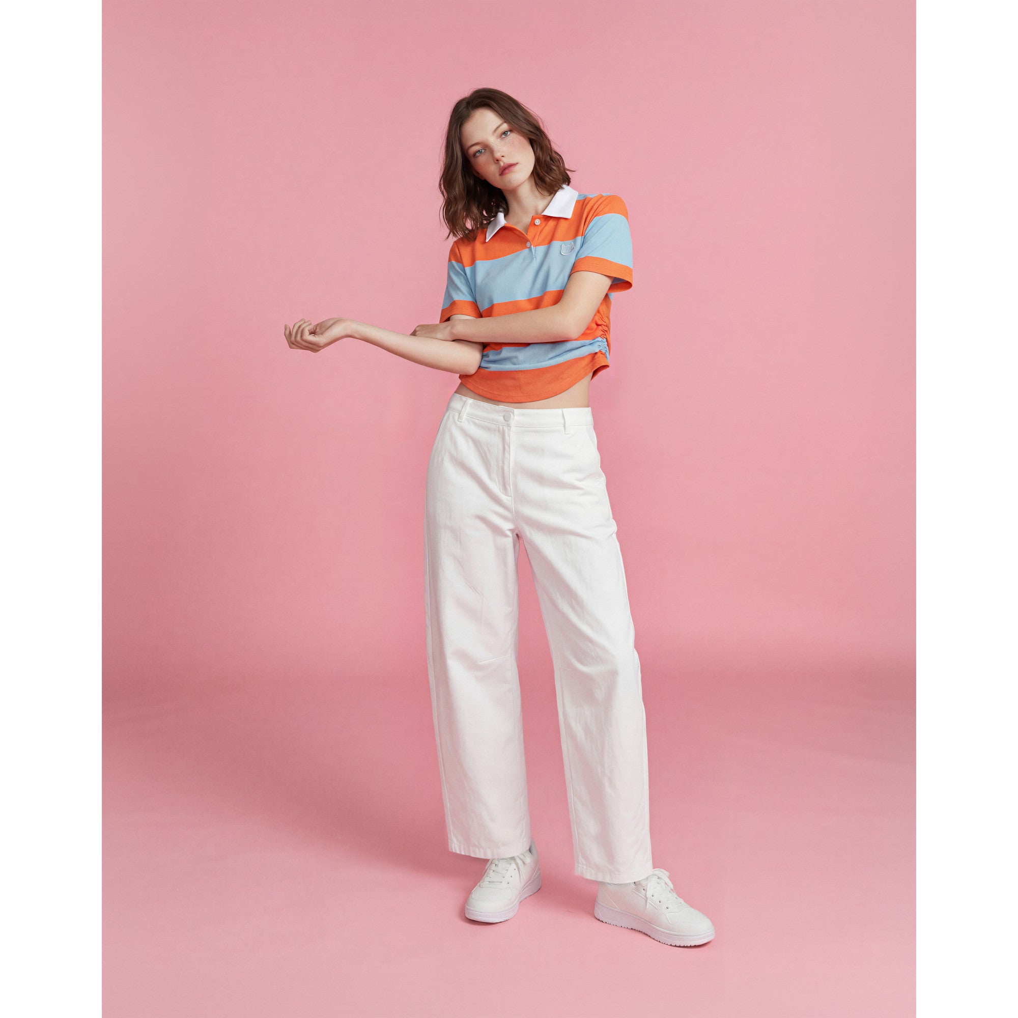 WOMEN シャーリング ストライプポロシャツ オレンジ