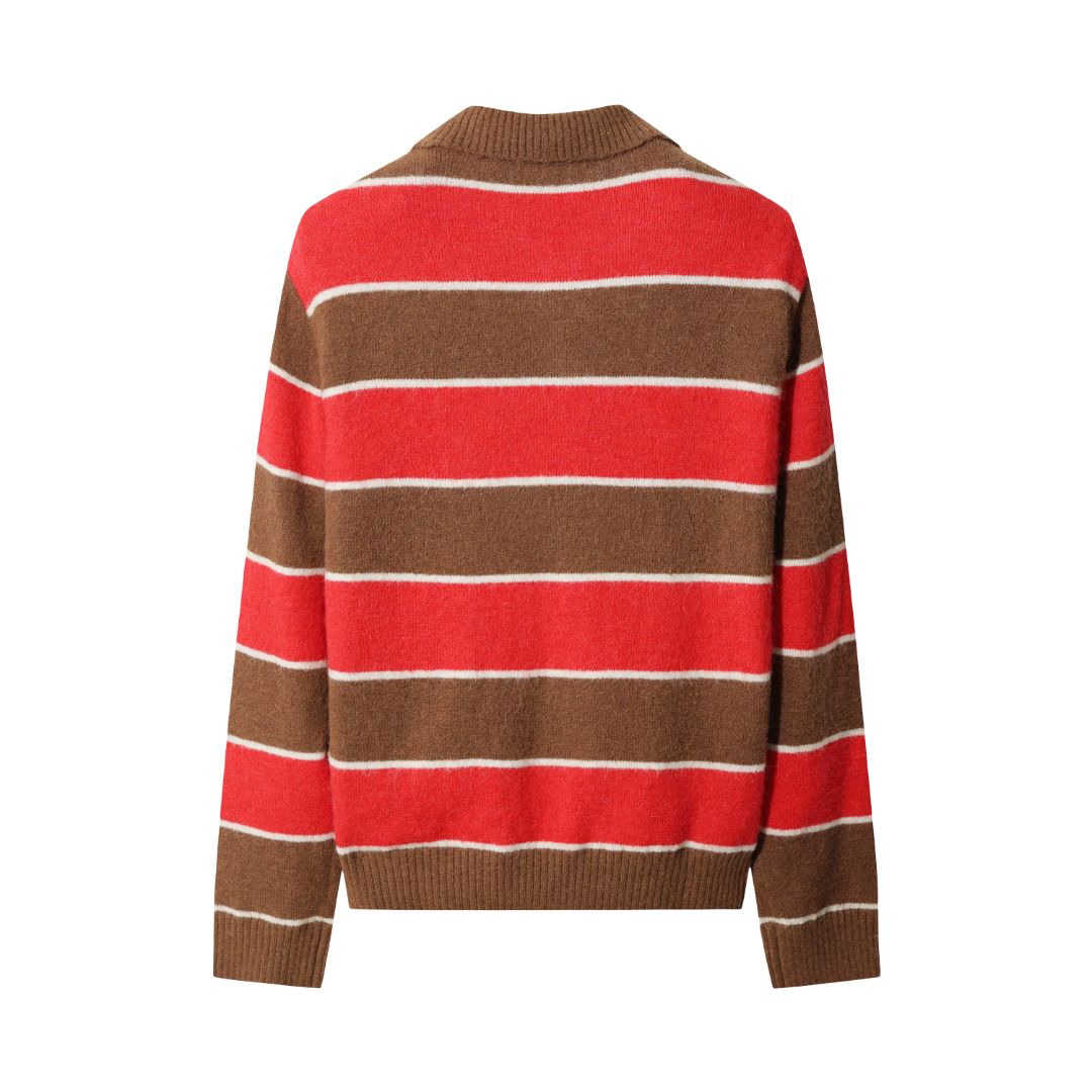 WOMEN WINDPROOF ストライプニットポロ レッド