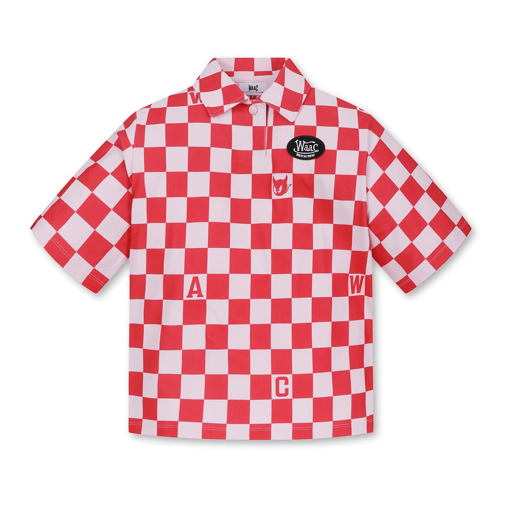 【軽量素材】WOMENS チェック半袖ポロTシャツ レッド/072332063